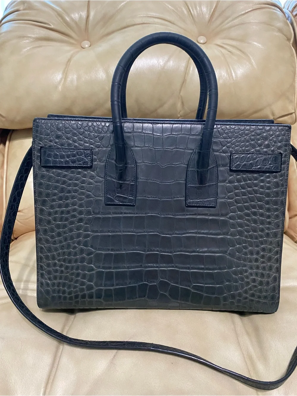 COA Saint Laurent Sac de Jour Tote Black Leather Satchel Bag Crocodile
